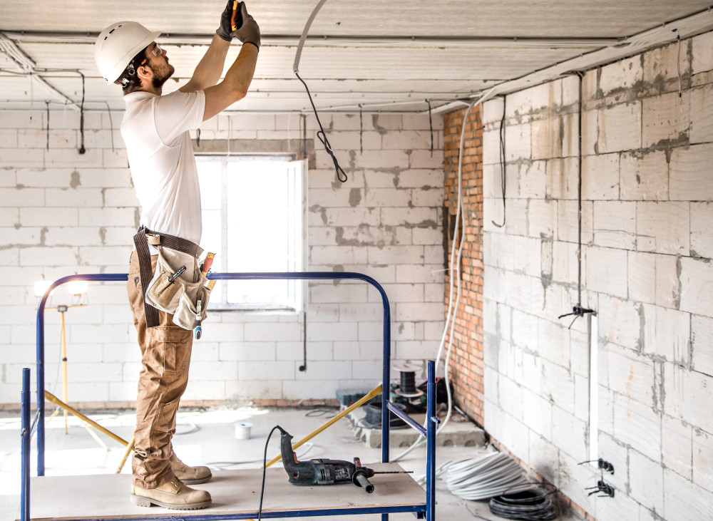 A professional working on a basement remodeling project.
