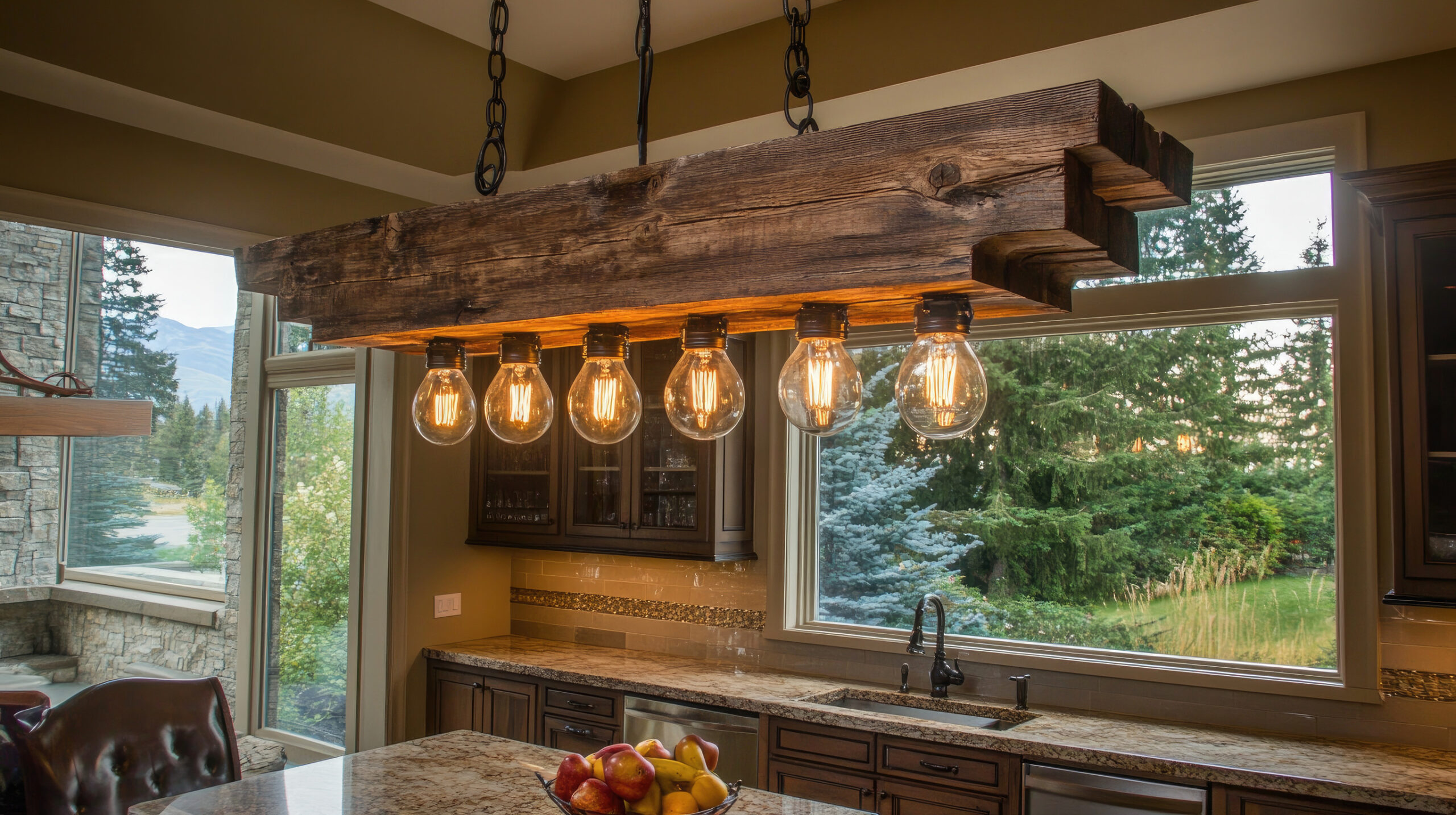 A rustic kitchen with a wooden beam light fixture and exposed bulbs above a granite island